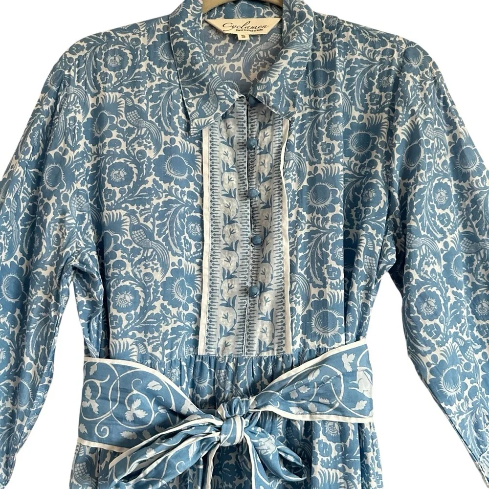 Cyclamen Jaipur Block Print Cotton Midi Dress Blue Peacock Prairie Cottagecore S